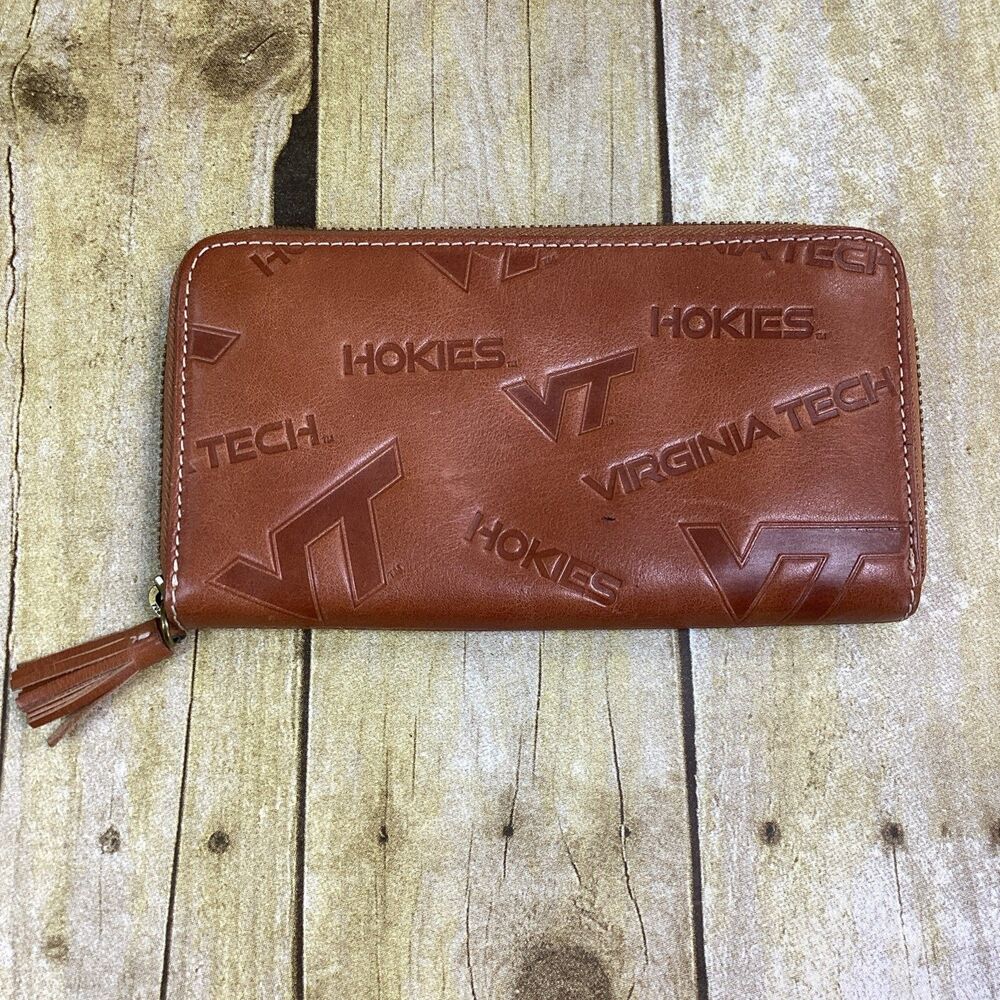VT Hokies JML Embossed Cowhide Leather Wallet Brown Virginia Tech Zip Around